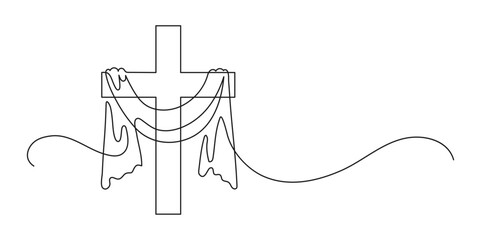Cross with cloth. Good Friday symbol. Continuous line drawing. Christianity religion concept. Frame border.
