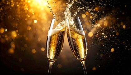 Festive champagne toast with bright gold bokeh lights for holiday celebration background