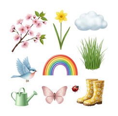 Fototapeta premium Spring garden elements flowers rainbow and nature graphics isolated on transparent background