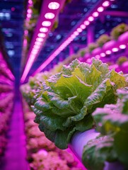 Futuristic Vertical Farm with Lush Green Lettuce under Grow Lights