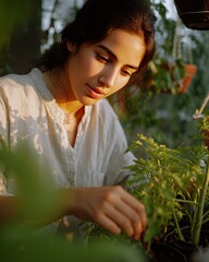 Young Woman Tending Plants in Sunlit Greenhouse During Golden Afternoon