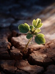 Tiny Green Plant Sprouting Through Cracked Earth in Sunlit Macro Shot