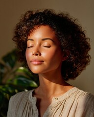 Serene Moment: A Black Woman in Her 30s Enjoying Sunlight Indoors