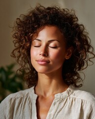 Serene Black Woman in Her 30s with Curly Hair Embraces Peaceful Moment