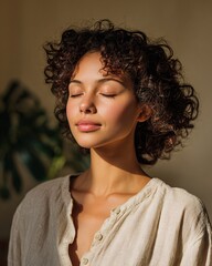 Serene Young Woman in Sunlit Room Enjoying Moment of Peace and Relaxation