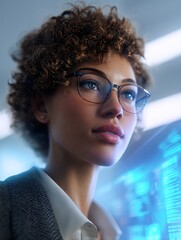 Young Professional Woman with Glasses Analyzing Data on Digital Screen