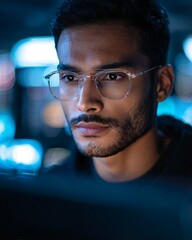 Focused Young Man in Modern Tech Environment Wearing Glasses and Working