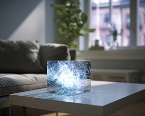Transparent Crystal Cube with Light Energy Glowing in Modern Living Room