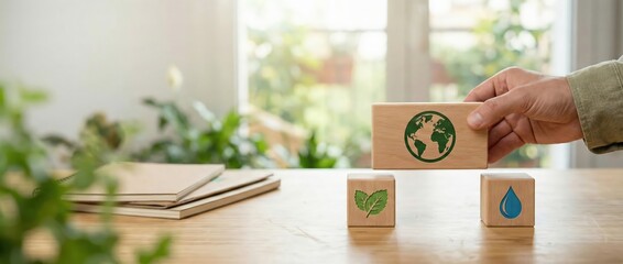 Hand placing wooden block with earth icon, leaf, and water drop Concept of sustainability, environment, and conservation