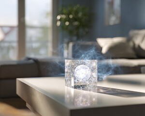 Mystical Crystal Cube on Table with Glowing Aura in Modern Living Room
