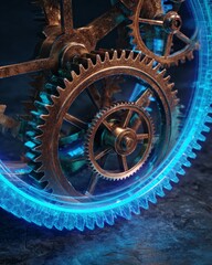 Intricate Antique Brass Clockwork with Futuristic Blue Neon Glow in Focus