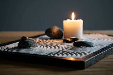 Serene Close-Up of Zen Garden with Candle and Smooth Stones in Tranquil Space