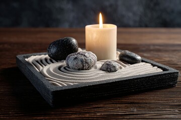 Zen Garden with Tranquil Candlelight and Rocks on Dark Wooden Table