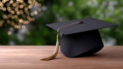 Graduation cap with a gold tassel on a wooden desk, golden confetti falling, educational success celebrating