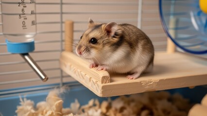 Obraz premium A small brown and white dwarf hamster sitting on a wooden platform inside its cage, with a water bottle and wheel visible.