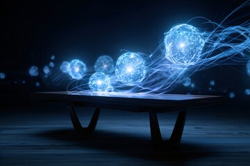 Futuristic Conceptual Image of Glowing Spheres Hovering Above a Dark Wooden Table