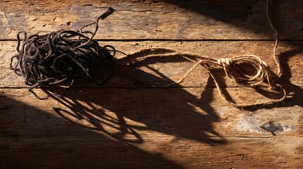 Tangled Yarn and Twine Casting Shadows on Rustic Wooden Surface