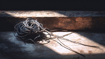 Tangled Yarn in Dramatic Light Casting Shadows on Rustic Surface