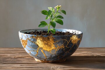 Golden Kintsugi Pot with Growing Plant Symbolizing Nature's Healing Power