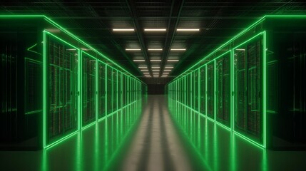 Green luminous layers outline server racks in a data center corridor