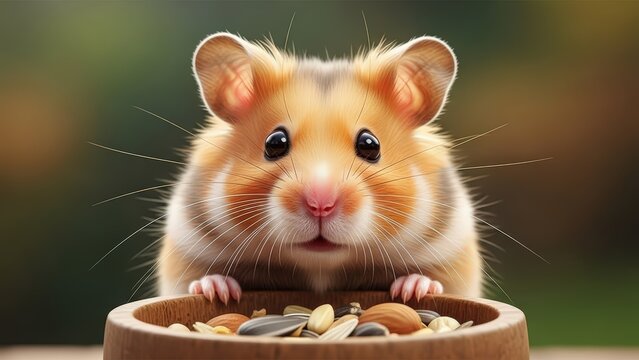 A cute fluffy hamster with big eyes and a pink nose, looking directly at the camera while resting its paws on a wooden bowl filled with seeds and nuts.