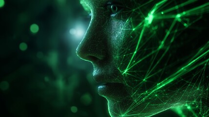 A digital representation shows a human face formed by green neural streams