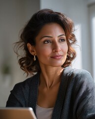 Confident South Asian Woman in Cozy Attire Relaxing Thoughtfully at Home