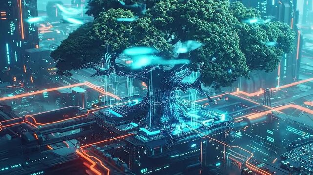 Cyberpunk Tree: An ethereal fusion of nature and technology. This image depicts a towering tree integrated into a high-tech cityscape.