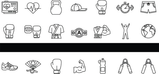 Fitness and boxing icons illustration showing gym equipment, workout symbols, martial arts gear, healthy lifestyle, sports training line art set