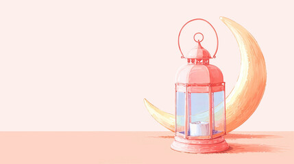 Decorative lantern with crescent moon on soft pastel background. Minimal Ramadan Kareem background with copy space.