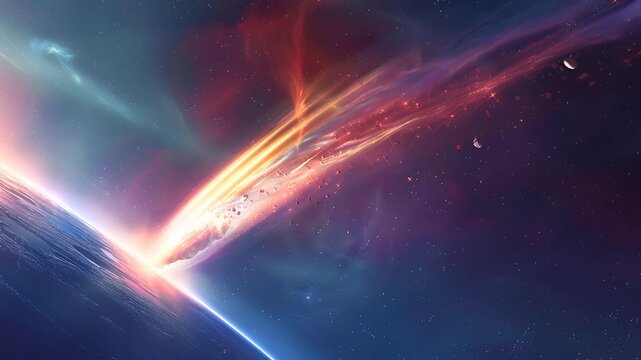 Massive asteroid impact on Earth with atmospheric entry fire trail and debris explosion view from space