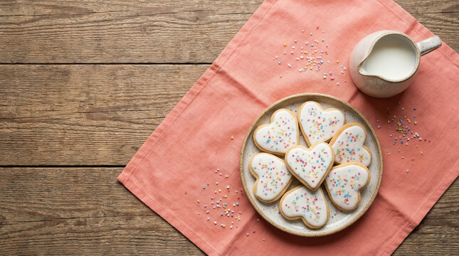 Valentine's Day flatlay with heart cookies and milk on wooden table