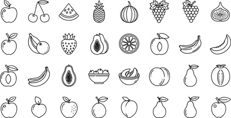 Hand drawn fruit icons collection showing apple banana orange grape pineapple watermelon pear fig cherry line art illustration set
