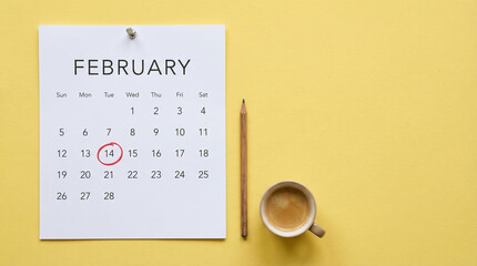 Celebration of love on February 14 with calendar, pencil, and coffee cup on yellow background