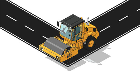 Isometric road roller illustration showing construction machinery compacting asphalt on highway, heavy equipment, infrastructure development, roadwork concept design