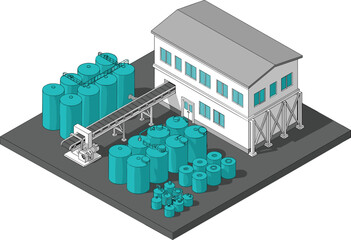 Industrial factory with storage tanks illustration showing manufacturing plant, chemical processing, industrial equipment, production facility, isometric infrastructure design