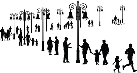 People silhouettes in urban park illustration showing families walking, children playing, street lamps, city lifestyle, outdoor social activity scene