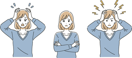 Stressed woman emotions illustration showing anxiety headache frustration and mental health concepts, emotional states sequence, psychology awareness design artwork