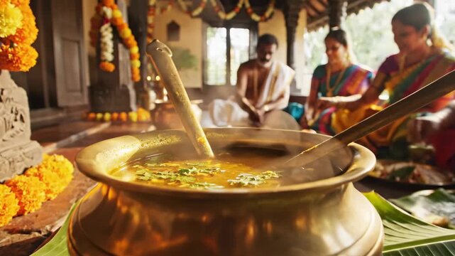 Traditional Tamil New Year Celebration with Rituals  Offerings  and Family Gathering in a Festive Home Setting