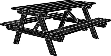 Wooden picnic table illustration showing outdoor furniture design, park seating, garden bench, camping table, black and white line art