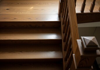 Wooden stairway with intricate banister design and hardwood finish