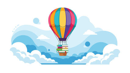 Fototapeta premium Whimsical hot air balloon made of colorful panels carries a stack of books through a blue sky filled with soft white clouds.