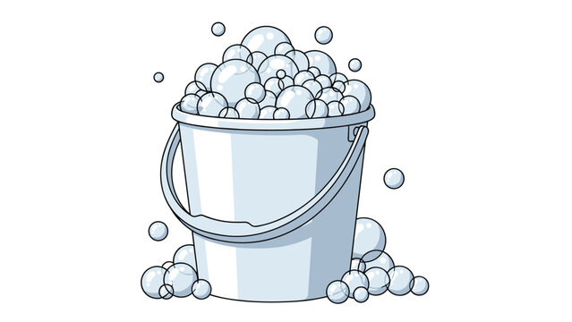 Simple blue bucket overflowing with white soap bubbles and foam on a white background represents cleaning and hygiene chores.