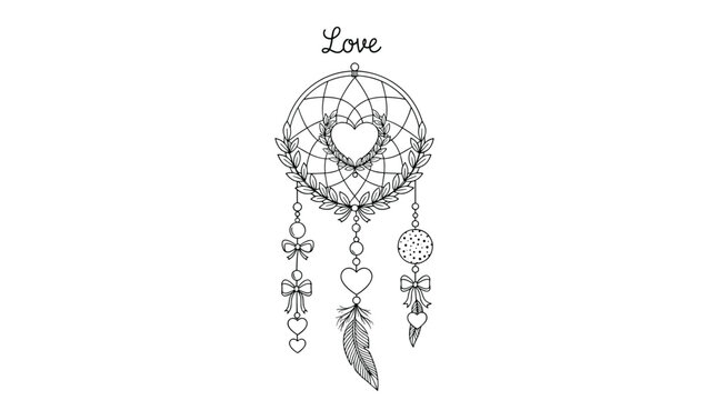 Delicate black and white line art of a dreamcatcher features a heart in the center and Love text written above the hoop.