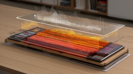 visualization with layered charts floating above a sleek modern desk