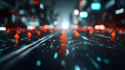 growth scene with glowing upward paths emerging from a digital city environment