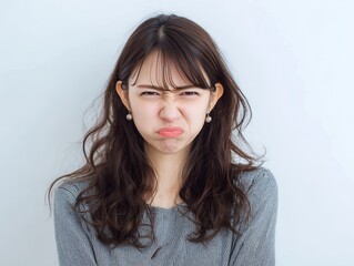 Fototapeta premium 不満そうな表情で口を尖らせる若い女性が感情を率直に表すポートレート