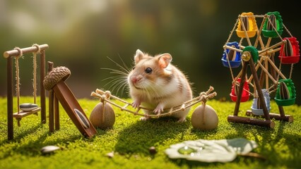 A cute hamster enjoying a miniature playground with a Ferris wheel and swing set.