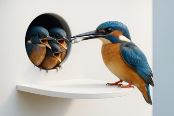 Colorful kingfisher feeding its hungry chicks inside a round nest entrance on minimal white shelf background, showing nature and parenting concept. Ai generative