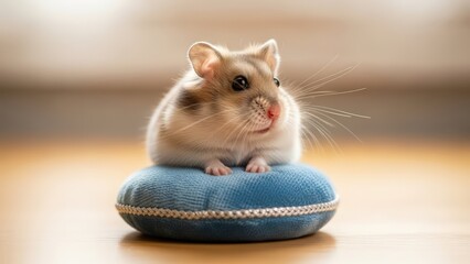 A cute hamster with fluffy fur sits regally on a small blue cushion, looking to the side with bright eyes.